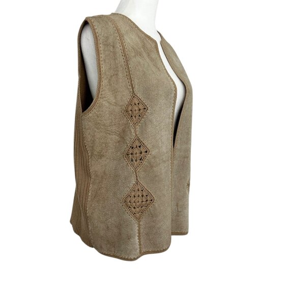 Bonnie Lee Vintage Suede Crochet Boho Western Open Front Knit Sweater Vest (L) - Picture 3 of 13